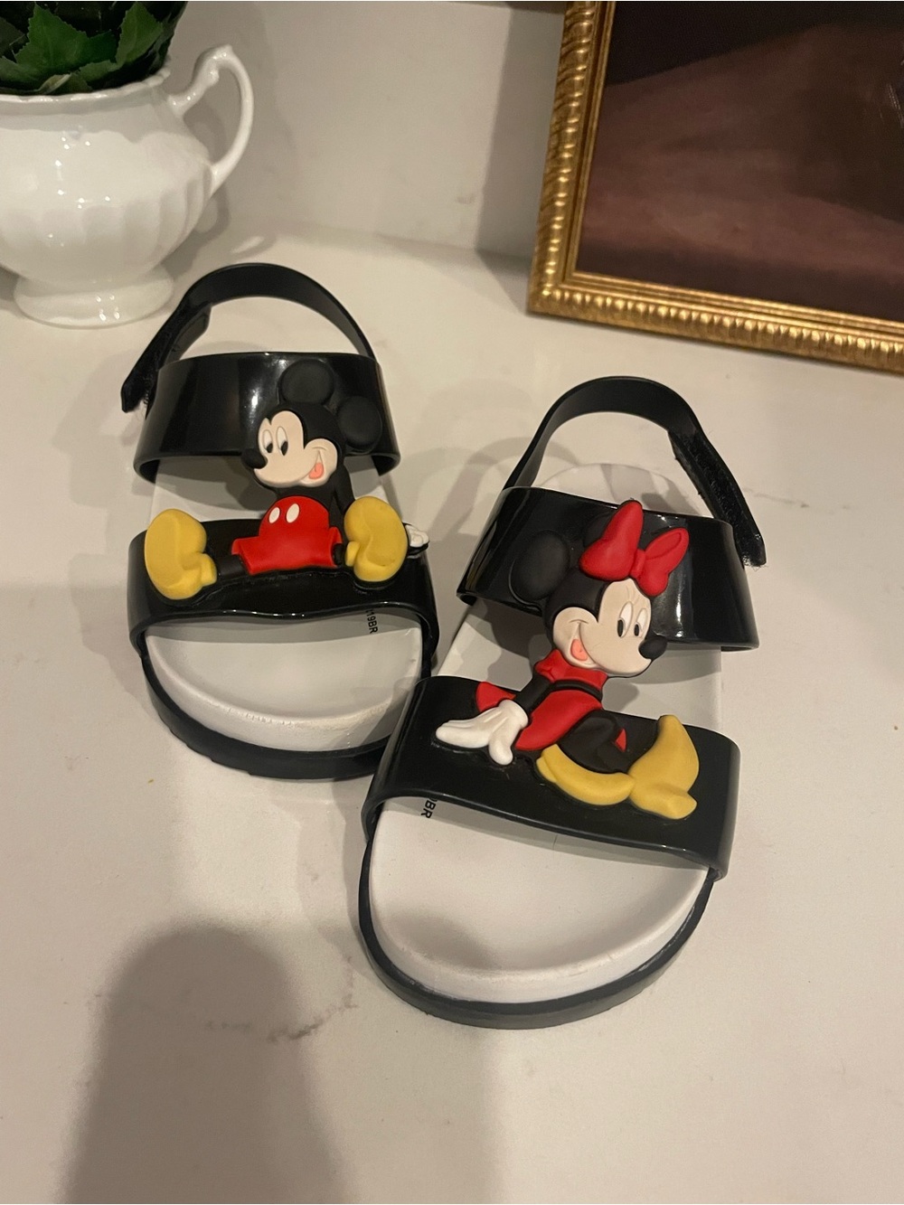 Mini Melissa Kids Black Sandals with Red & Yellow Mickey & Minnie Appliqués